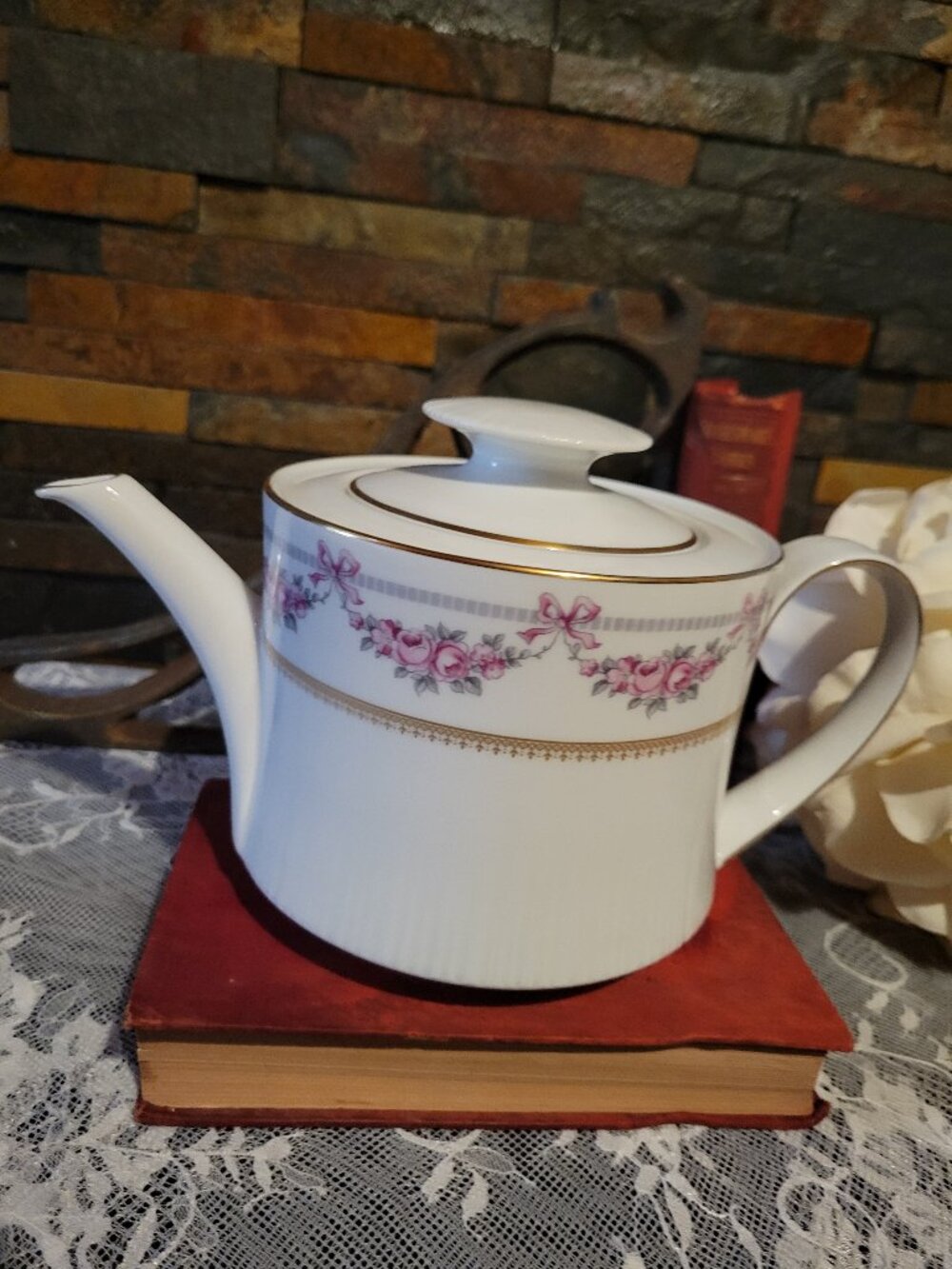 Vintage Thomas Germany Pink Rose and Gold Ribbed Porcelain Teapot Mid Century